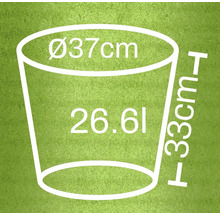 Abbildung der Abmessungen eines Pflanzgefäßes: Durchmesser 37 cm, Höhe 33 cm, Volumen 26,61 Liter