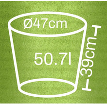 Technische Zeichnung eines Pflanzgefäßes mit den Maßen Durchmesser 47 Zentimeter, Höhe 39 Zentimeter und einem Volumen von 50,7 Litern