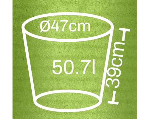 Technische Zeichnung eines Pflanzgefäßes mit den Maßen Durchmesser 47 Zentimeter, Höhe 39 Zentimeter und einem Volumen von 50,7 Litern
