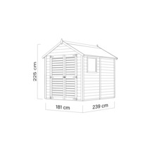 Image d'un abri de jardin avec des dimensions de 225 cm de hauteur, 181 cm de largeur et 239 cm de profondeur