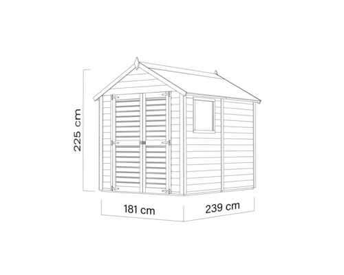 Image d'un abri de jardin avec des dimensions de 225 cm de hauteur, 181 cm de largeur et 239 cm de profondeur