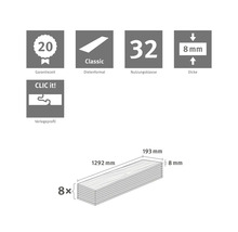 20 Jahre Garantie, klassisches Dielenformat, Nutzungsklasse 32, Dicke 8 Millimeter, Clic it Verlegesystem, 8 Dielen à 1292 mal 193 Millimeter.
