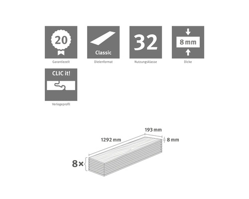 20 Jahre Garantie, klassisches Dielenformat, Nutzungsklasse 32, Dicke 8 Millimeter, Clic it Verlegesystem, 8 Dielen à 1292 mal 193 Millimeter.
