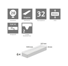 Laminat: 20 Jahre Garantie, Kingsize, Nutzungsklasse 32, 8 Millimeter Dicke, CLIC it Verlegesystem, 2-seitige Fase. 6 Dielen à 1292 mal 327 Millimeter.