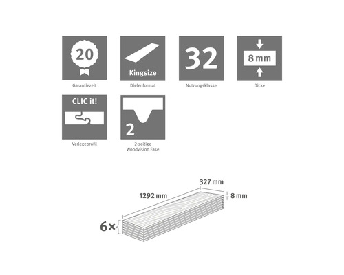 Laminat: 20 Jahre Garantie, Kingsize, Nutzungsklasse 32, 8 Millimeter Dicke, CLIC it Verlegesystem, 2-seitige Fase. 6 Dielen à 1292 mal 327 Millimeter.