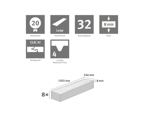 Laminat: 20 Jahre Garantie, Nutzungsklasse 32, 8 Millimeter Dicke, CLIC it Profil, 4-seitige Woodvision Fase. 8 Stück, 1292 mal 246 Millimeter.