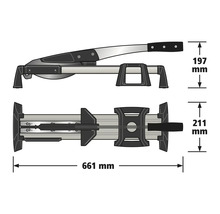 Laminatschneider mit Massangaben: Länge 661 Millimeter, Höhe 197 Millimeter und Breite 211 Millimeter.