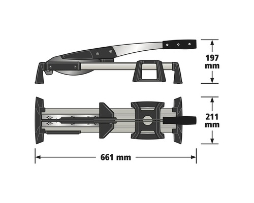 Laminatschneider mit Massangaben: Länge 661 Millimeter, Höhe 197 Millimeter und Breite 211 Millimeter.