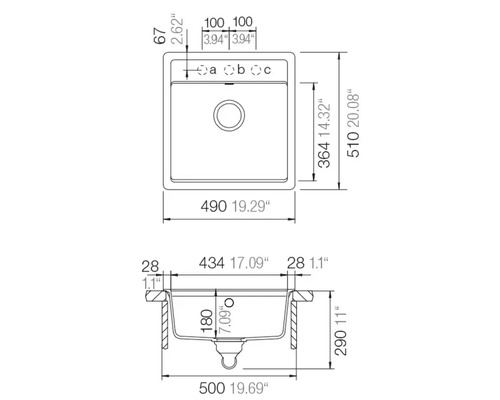 Technische Zeichnung einer quadratischen Küchenspüle mit Maßangaben in Millimeter und Zoll, Draufsicht und Seitenansicht.