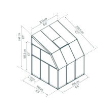 Technische Zeichnung eines Anlehngewächshauses mit Maßangaben in Zentimetern und Fuß. Höhe 247 Zentimeter, Breite 196 Zentimeter.