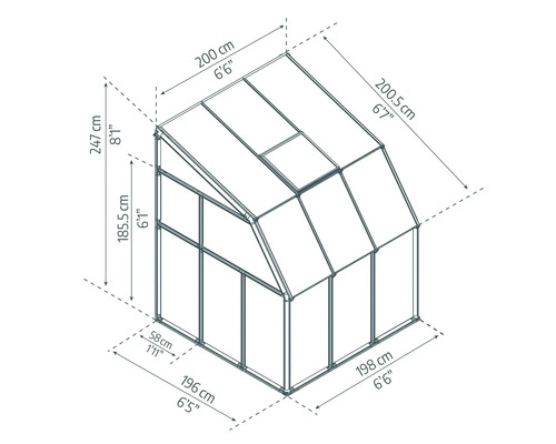 Technische Zeichnung eines Anlehngewächshauses mit Maßangaben in Zentimetern und Fuß. Höhe 247 Zentimeter, Breite 196 Zentimeter.