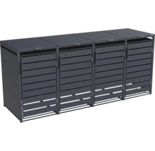 Mülltonnenbox für vier Abfalltonnen aus Metall mit horizontalen Lamellen und Klappdeckeln.