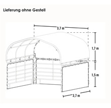 Dessin coté pour abri de pâturage : 3,7 mètres de large, hauteur toit 1,7 mètres, parois 1,5 mètres. Livraison sans structure.