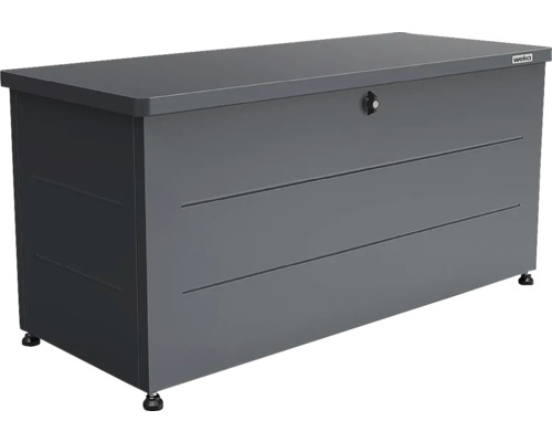 Weka Gartenbox aus Metall in Anthrazit mit horizontalen Rillen und abschließbarem Deckel.
