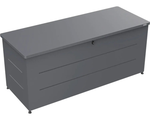 Garten-Auflagenbox aus Metall in Grau mit Schloss und horizontalen Zierlinien.