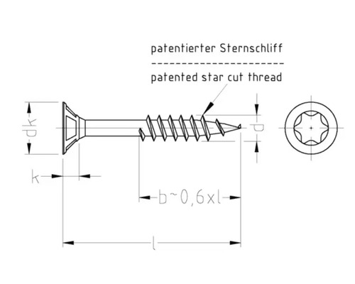 Dessin technique d une vis à tête fraisée avec filetage en étoile breveté, empreinte en étoile et cotes de longueur et de diamètre.