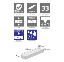 Piktogramme: 25 Jahre Garantie, Kingsize, Nutzungsklasse 33, Dicke 7,5 Millimeter, Aqua CLIC it!, 72 Stunden wasserresistent, 1292 mal 327 Millimeter.