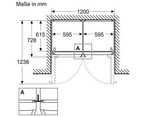 Dessin technique de porte de douche à deux battants avec dimensions en millimètres. Largeur 1200, éléments 595, rayon ouverture 1238.