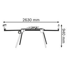 Table de travail pour scies avec dimensions : largeur 2630 millimètres, hauteur 940 millimètres.
