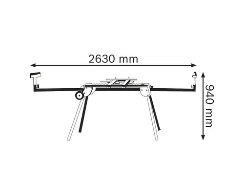 Table de travail pour scies avec dimensions : largeur 2630 millimètres, hauteur 940 millimètres.