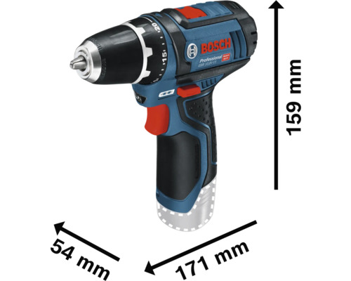 Blau-schwarzer Bosch Professional Akku-Bohrschrauber GSR 10,8V-15: Höhe 159 Millimeter, Länge 171 Millimeter, Breite 54 Millimeter. Bosch Logo.