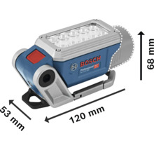 Bosch Professional Akku-LED-Leuchte GLI 12V-330. Maße: Länge 120 Millimeter, Höhe 68 Millimeter, Breite 53 Millimeter. Bosch Logo.