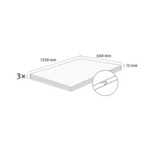 Dessin schématique de 3 dalles d'agencement avec profil rainure et languette, dimensions 1250 par 660 par 12 millimètres.
