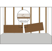 Montage de panneaux muraux sur sous-structure en bois avec vue détaillée de l assemblage rainure et languette et du côté décoratif.