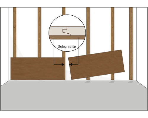 Montage de panneaux muraux sur sous-structure en bois avec vue détaillée de l assemblage rainure et languette et du côté décoratif.
