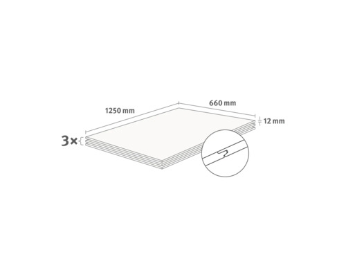 Dessin schématique de 3 dalles d'agencement avec profil rainure et languette, dimensions 1250 par 660 par 12 millimètres.