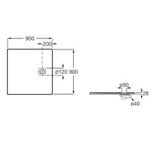 Dessin technique d un receveur de douche carré avec des dimensions de 900 par 900 millimètres et une hauteur de 28 millimètres.