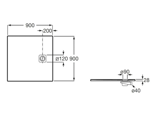 Dessin technique d un receveur de douche carré avec des dimensions de 900 par 900 millimètres et une hauteur de 28 millimètres.
