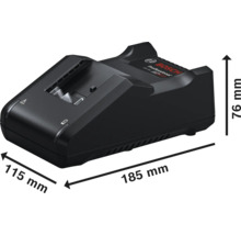 Chargeur Bosch Professional avec dimensions: longueur 185 millimètres, largeur 115 millimètres, hauteur 76 millimètres.