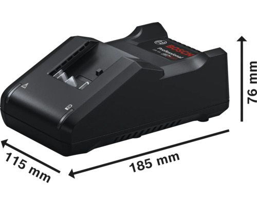 Chargeur Bosch Professional avec dimensions: longueur 185 millimètres, largeur 115 millimètres, hauteur 76 millimètres.