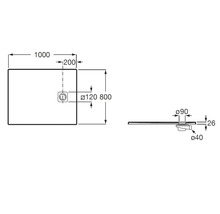 Dessin technique d un receveur de douche de 1000 par 800 millimètres, d une hauteur de 26 millimètres et détails de l évacuation.