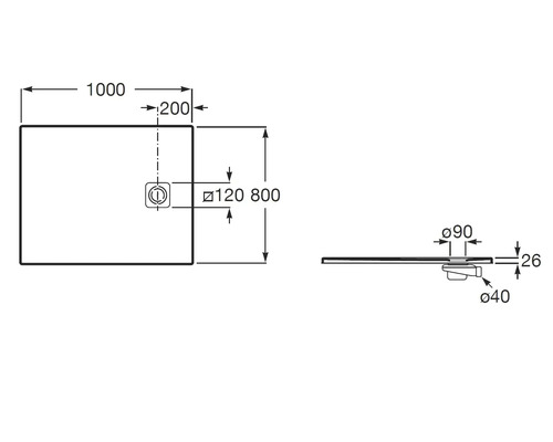 Dessin technique d un receveur de douche de 1000 par 800 millimètres, d une hauteur de 26 millimètres et détails de l évacuation.