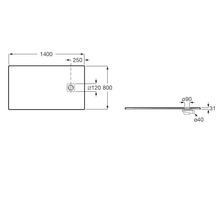 Dessin technique d un receveur de douche 1400 par 800 millimètres avec une épaisseur de 31 millimètres ainsi que position et dimensions de l évacuation.