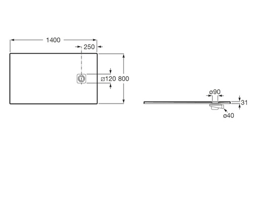 Dessin technique d un receveur de douche 1400 par 800 millimètres avec une épaisseur de 31 millimètres ainsi que position et dimensions de l évacuation.
