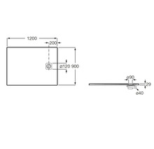 Dessin technique d un receveur de douche rectangulaire, 1200 sur 900 millimètres, hauteur 29 millimètres, avec détails d évacuation.