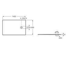Dessin technique d un receveur de douche de 1400 par 900 par 31 millimètres avec les détails de position de l évacuation.