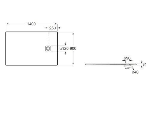 Dessin technique d un receveur de douche de 1400 par 900 par 31 millimètres avec les détails de position de l évacuation.