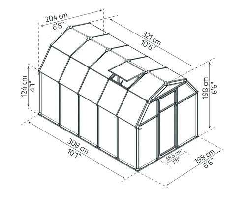 Maßzeichnung Gewächshaus mit Runddach, Dachfenster und Schiebetür, Länge 321 Zentimeter, Breite 204 Zentimeter, Höhe 198 Zentimeter.