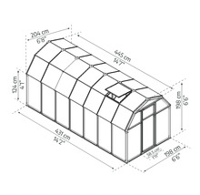 Maßzeichnung eines Gewächshauses mit 445 Zentimeter Länge, 204 Zentimeter Breite und 198 Zentimeter Höhe.