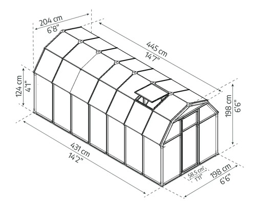 Maßzeichnung eines Gewächshauses mit 445 Zentimeter Länge, 204 Zentimeter Breite und 198 Zentimeter Höhe.