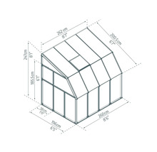 Technische Zeichnung eines Anlehngewächshauses mit Maßangaben: Breite 260 Zentimeter, Tiefe 196 Zentimeter, Gesamthöhe 247 Zentimeter.