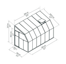 Technische Zeichnung eines Gewächshauses mit Maßen: Länge 384 Zentimeter, Breite 196 Zentimeter, Höhe 247 Zentimeter.