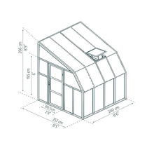 Maßzeichnung eines Gewächshauses mit Pultdach, Tür und Dachfenster. Maße: 266 Zentimeter Höhe, 260 Zentimeter Länge, 257 Zentimeter Breite.