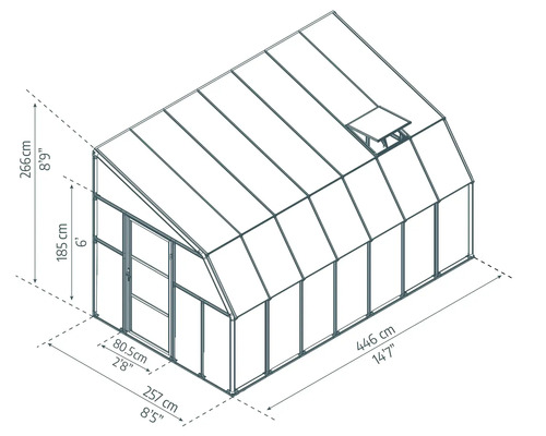 Technische Zeichnung eines Gewächshauses mit Maßen: Höhe 266 Zentimeter, Breite 257 Zentimeter, Länge 446 Zentimeter.