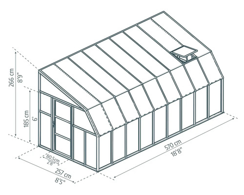Skizze Gewächshaus: Länge 570 Zentimeter, Breite 257 Zentimeter, Gesamthöhe 266 Zentimeter, Seitenwandhöhe 185 Zentimeter.