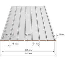 Profilblech mit Abmessungen: Gesamtbreite 910 Millimeter, Nutzbreite 847 Millimeter, Profilhöhe 12 Millimeter und Rippenabstand 121 Millimeter.